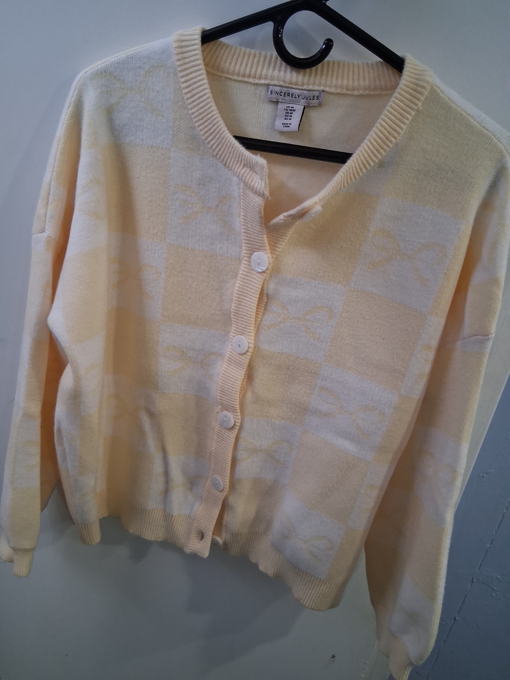 Sincerly Jules Cream and Pale Yellow Checker Knit Cardigan